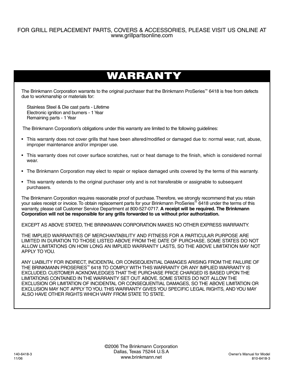 Warranty | Brinkmann ProSeries 6418 User Manual | Page 36 / 36