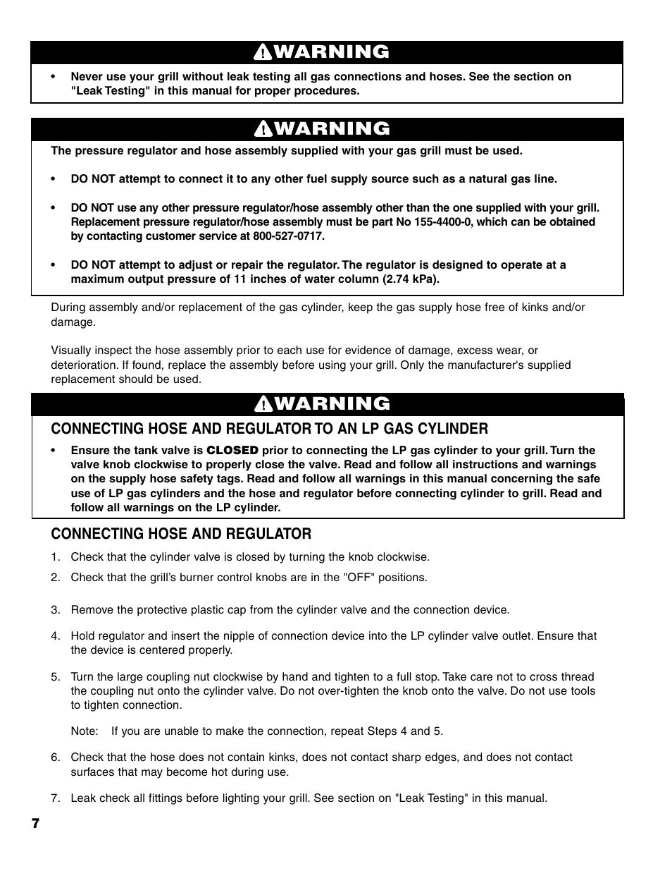 Warning, Connecting hose and regulator | Brinkmann ProSeries 6418 User Manual | Page 8 / 36
