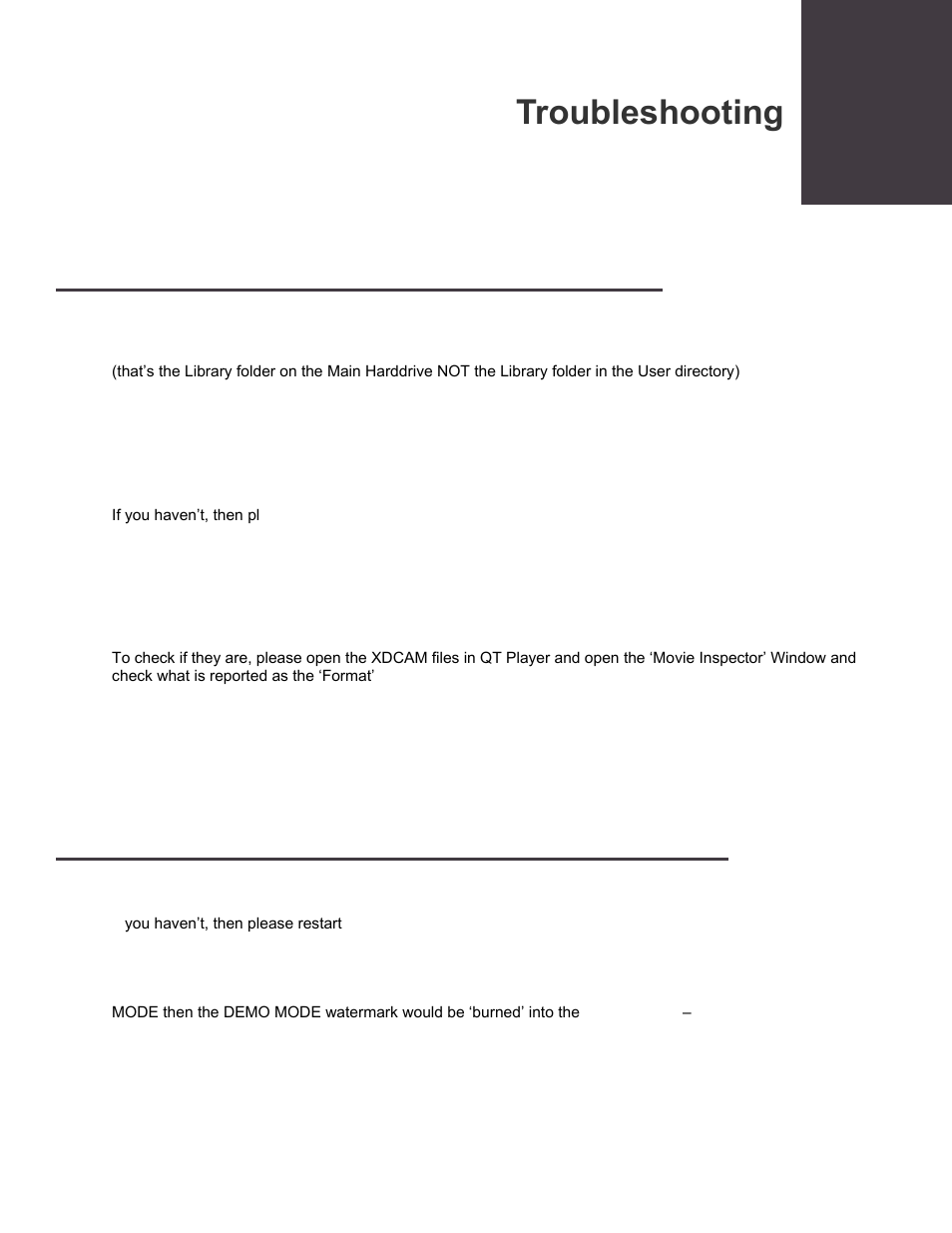 Troubleshooting, Seeing a white or black screen after installing, Demo mode watermark still visible after licensing | Calibrated Software XD Decode v2 User Manual | Page 21 / 26