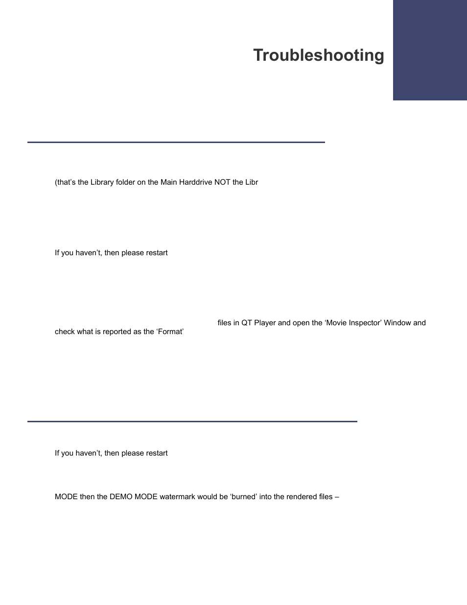 Troubleshooting, Seeing a white or black screen after installing, Demo mode watermark still visible after licensing | Calibrated Software AVC-Intra Decode v2 User Manual | Page 21 / 26