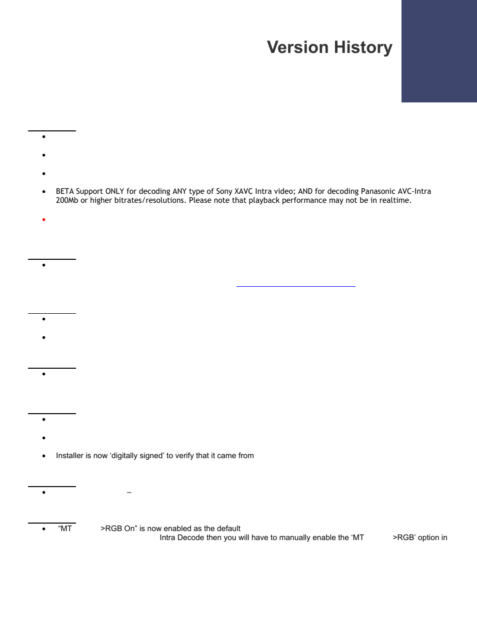 Version history | Calibrated Software AVC-Intra Decode v2 User Manual | Page 23 / 26
