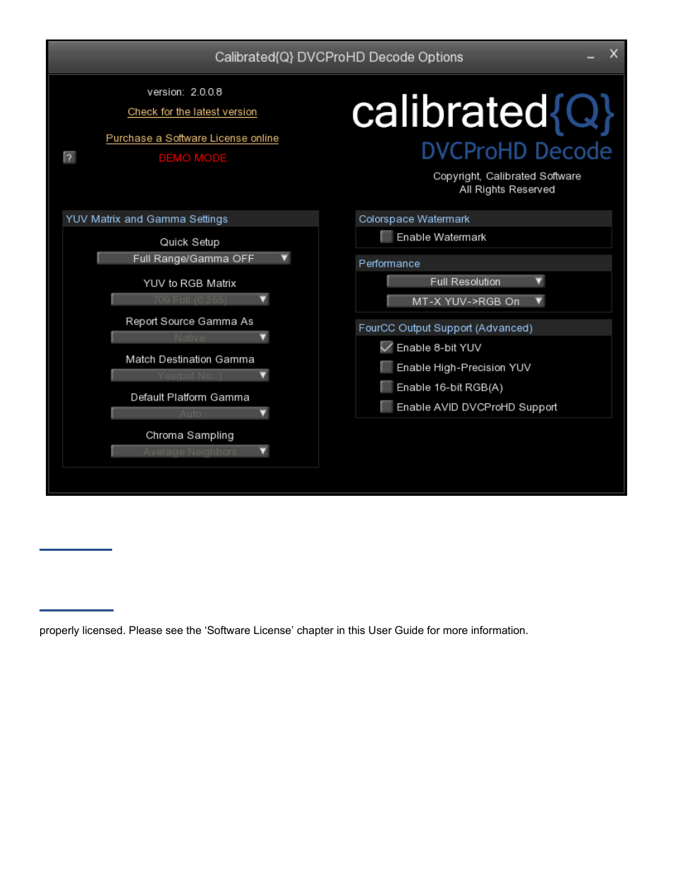 Version, License | Calibrated Software DVCProHD Decode v2 User Manual | Page 14 / 25