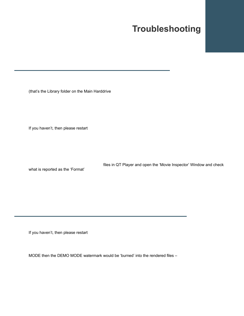 Troubleshooting, Seeing a white or black screen after installing, Demo mode watermark still visible after licensing | Calibrated Software IMX Decode v2 User Manual | Page 23 / 28
