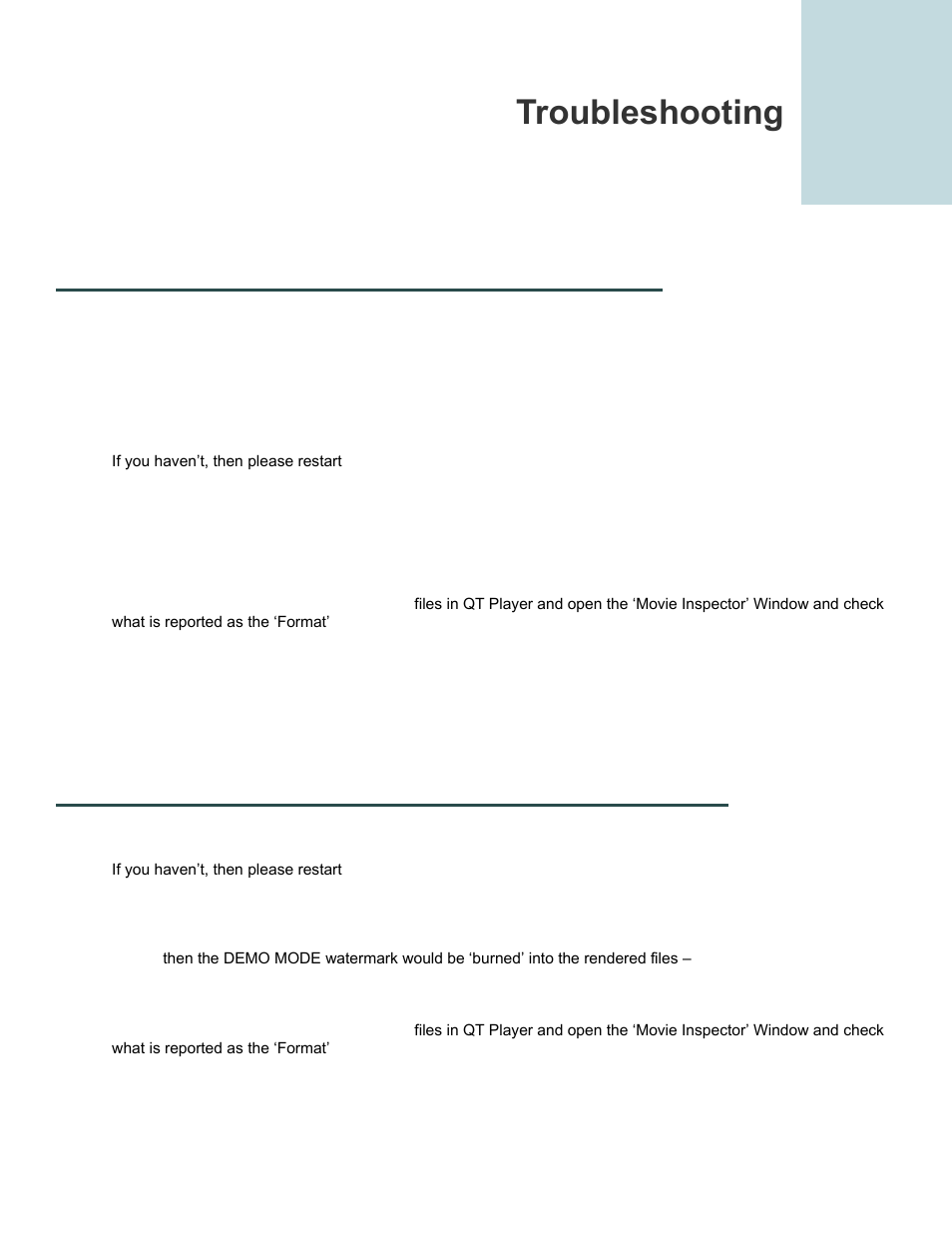 Troubleshooting, Seeing a white or black screen after installing, Demo mode watermark still visible after licensing | Calibrated Software DV50 Decode v2 User Manual | Page 19 / 23