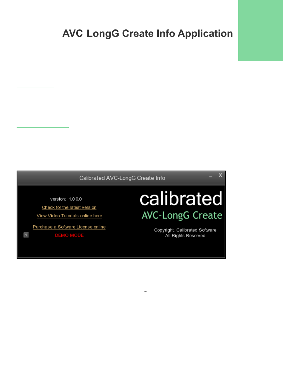 Avc-longg create info application, Overview, Info interface | Calibrated Software AVC-LongG Create v1 User Manual | Page 9 / 31
