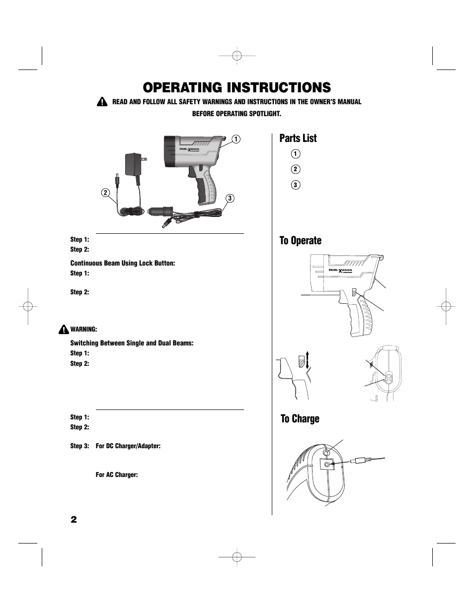 Operating instructions, Parts list | Brinkmann MAXFIRE 800-2200-0 User Manual | Page 2 / 4