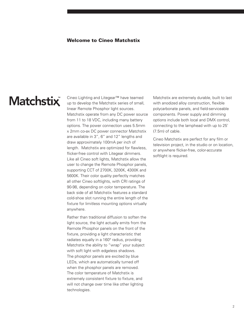 Cineo Lighting Matchstix User Manual | Page 2 / 12