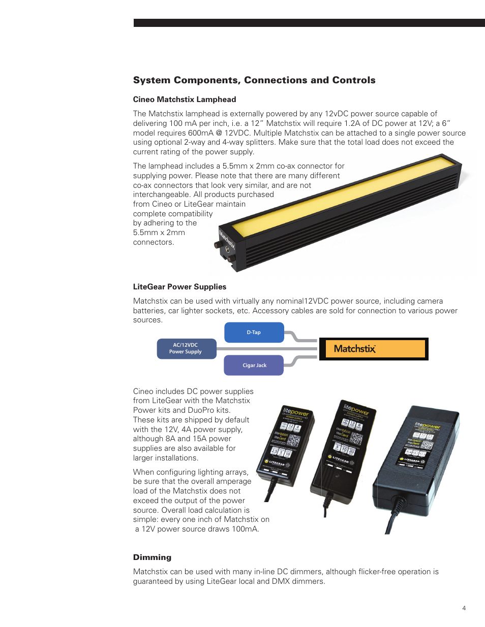 System components, connections and controls | Cineo Lighting Matchstix User Manual | Page 4 / 12