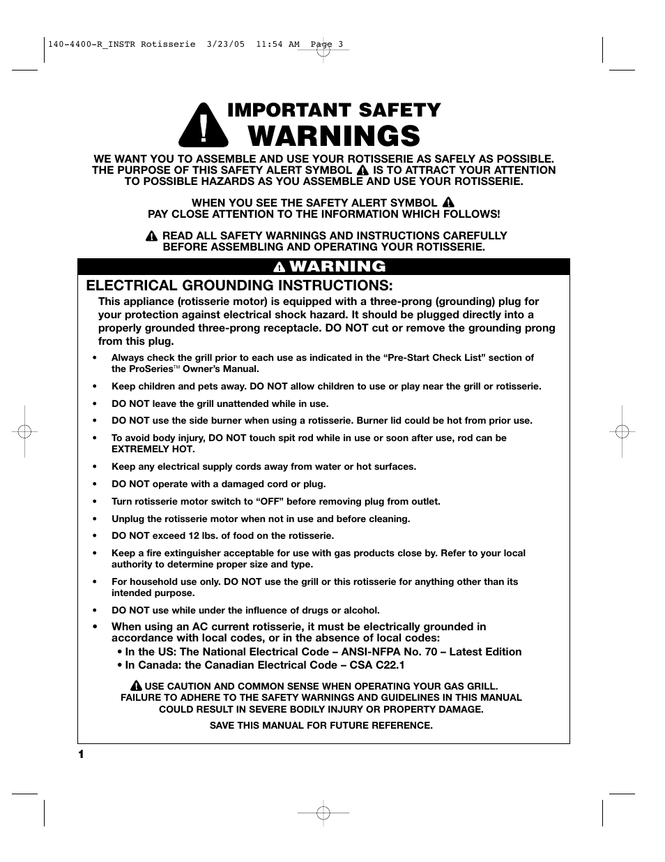 Warnings, Important safety, Warning | Electrical grounding instructions | Brinkmann PROSERIES 140-4400-R_INSTR User Manual | Page 2 / 8