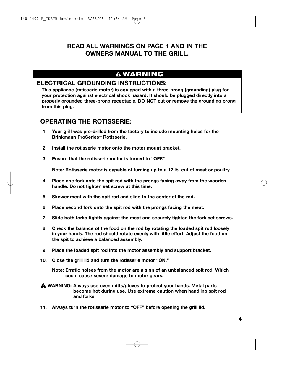 Warning, Electrical grounding instructions, Operating the rotisserie | Brinkmann PROSERIES 140-4400-R_INSTR User Manual | Page 5 / 8