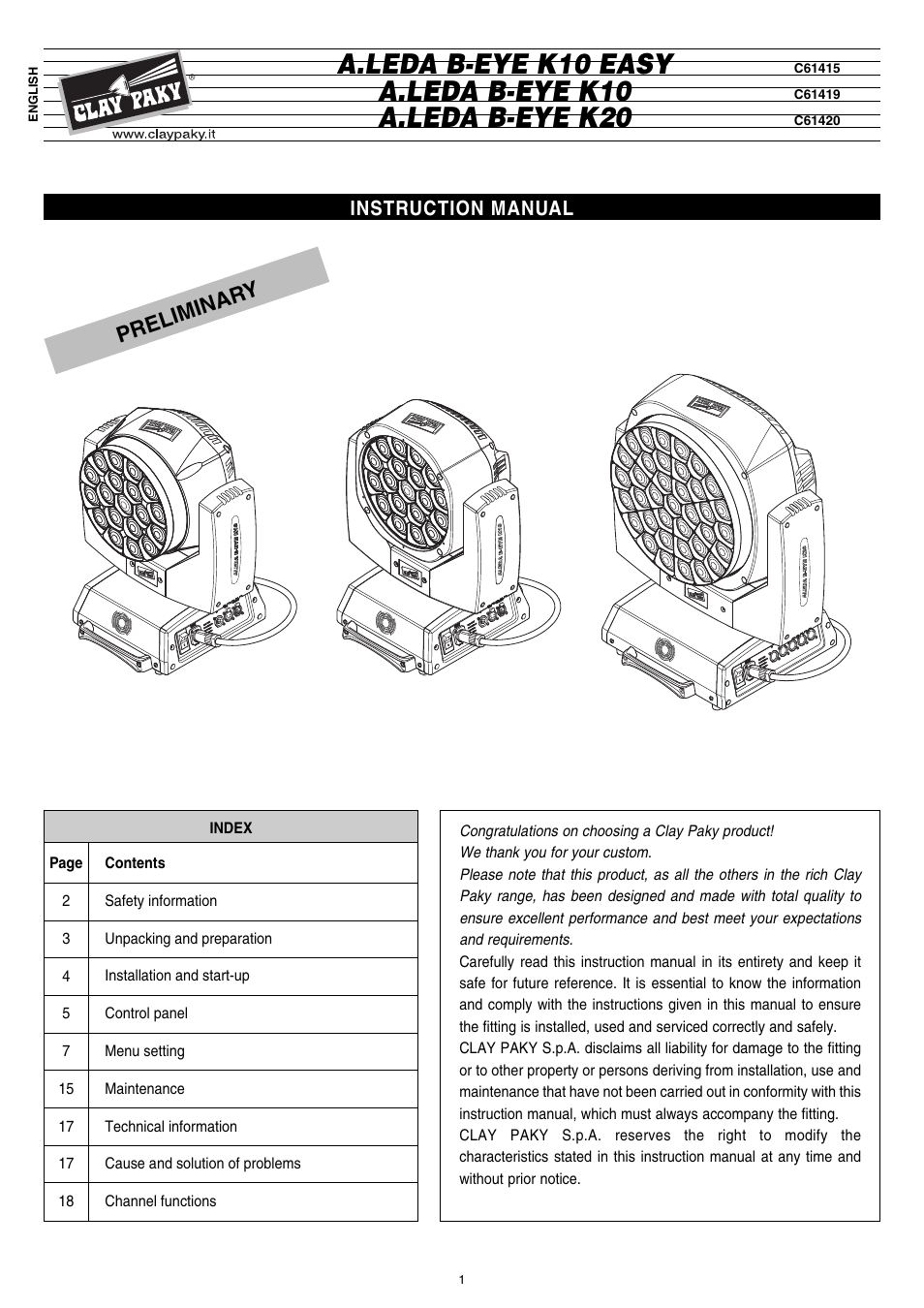 Clay Paky A.LEDA B-EYE K20 (C61420) PRELIMINARY User Manual | 28 pages