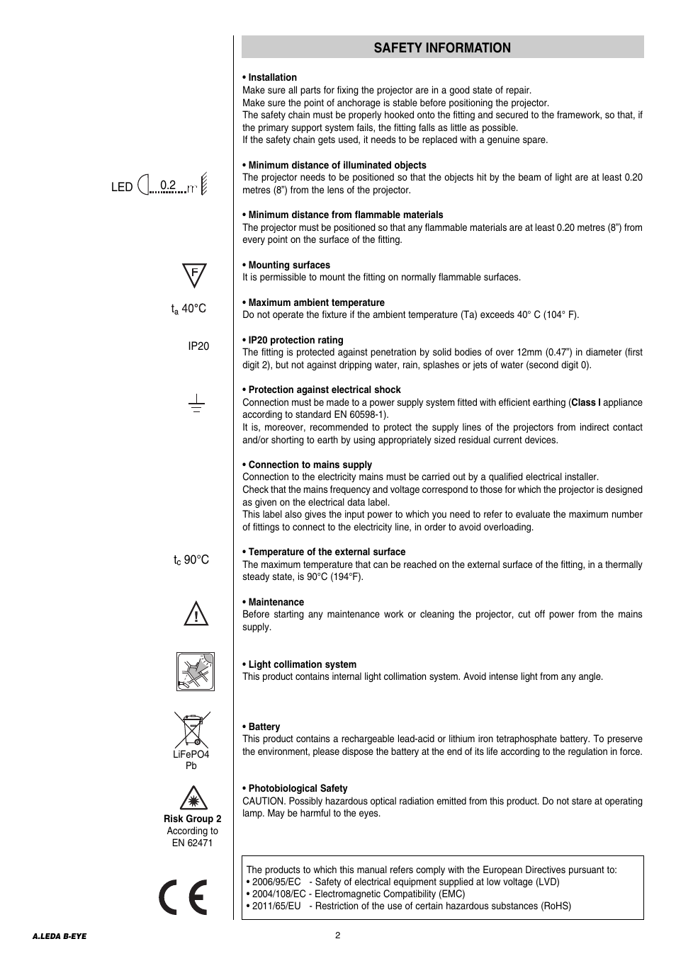 Safety information | Clay Paky A.LEDA B-EYE K20 (C61420) PRELIMINARY User Manual | Page 2 / 28