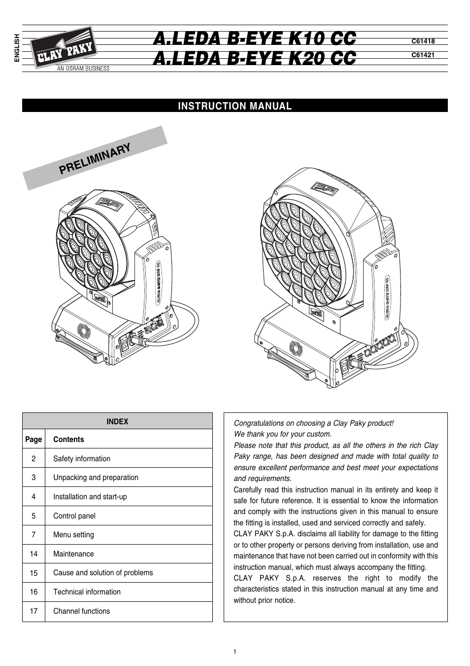 Clay Paky A.LEDA B-EYE K20 CC (C61421) User Manual | 20 pages