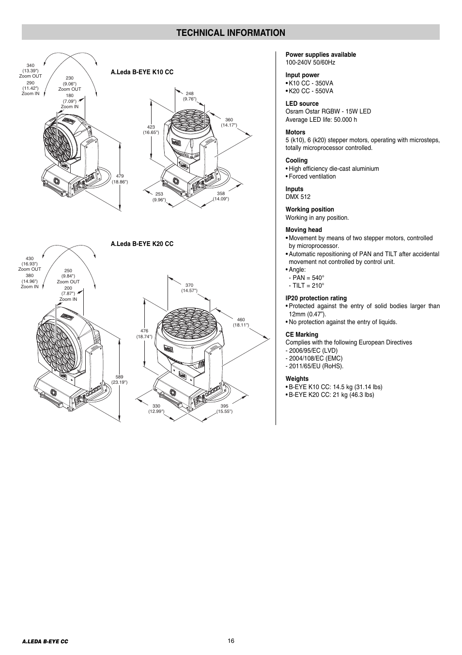 Technical information | Clay Paky A.LEDA B-EYE K20 CC (C61421) User Manual | Page 16 / 20