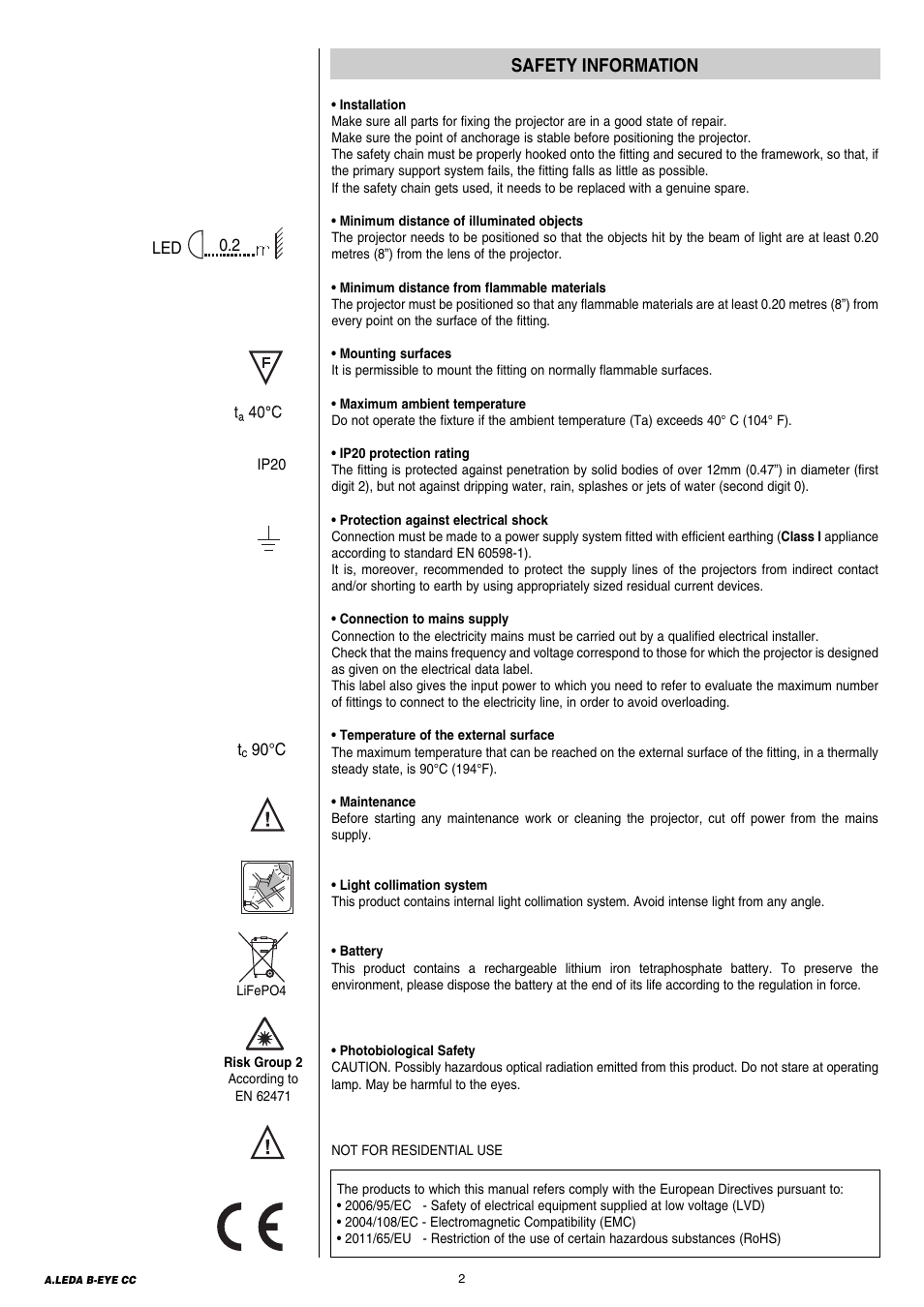 Safety information | Clay Paky A.LEDA B-EYE K20 CC (C61421) User Manual | Page 2 / 20