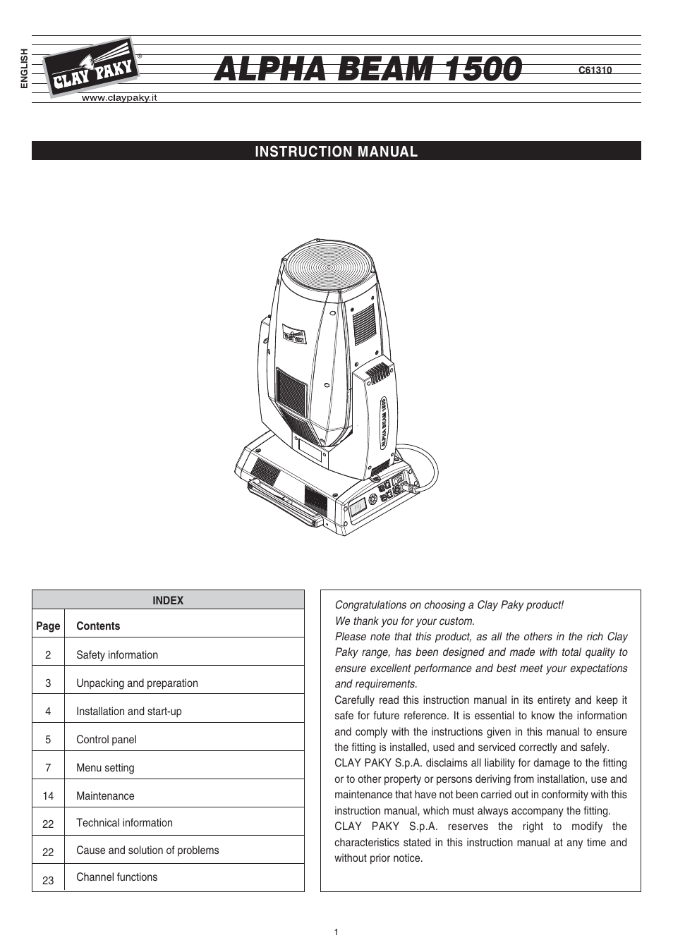 Clay Paky ALPHA BEAM 1500 (C61310) User Manual | 28 pages