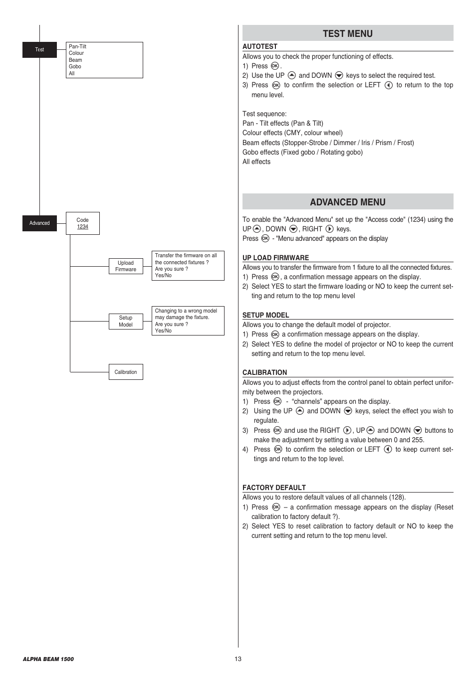 Test menu, Advanced menu | Clay Paky ALPHA BEAM 1500 (C61310) User Manual | Page 13 / 28