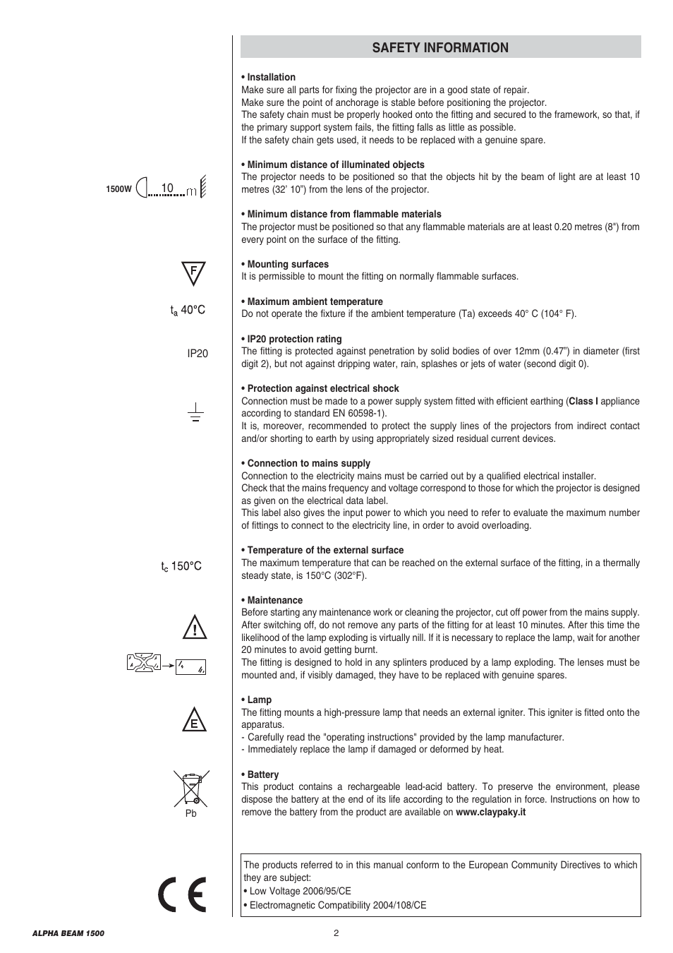 Safety information | Clay Paky ALPHA BEAM 1500 (C61310) User Manual | Page 2 / 28
