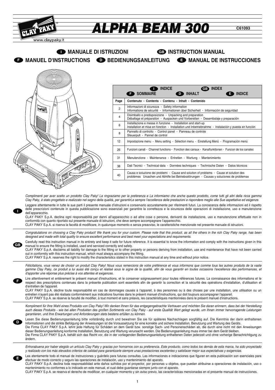 Clay Paky ALPHA BEAM 300 (C61093) User Manual | 40 pages