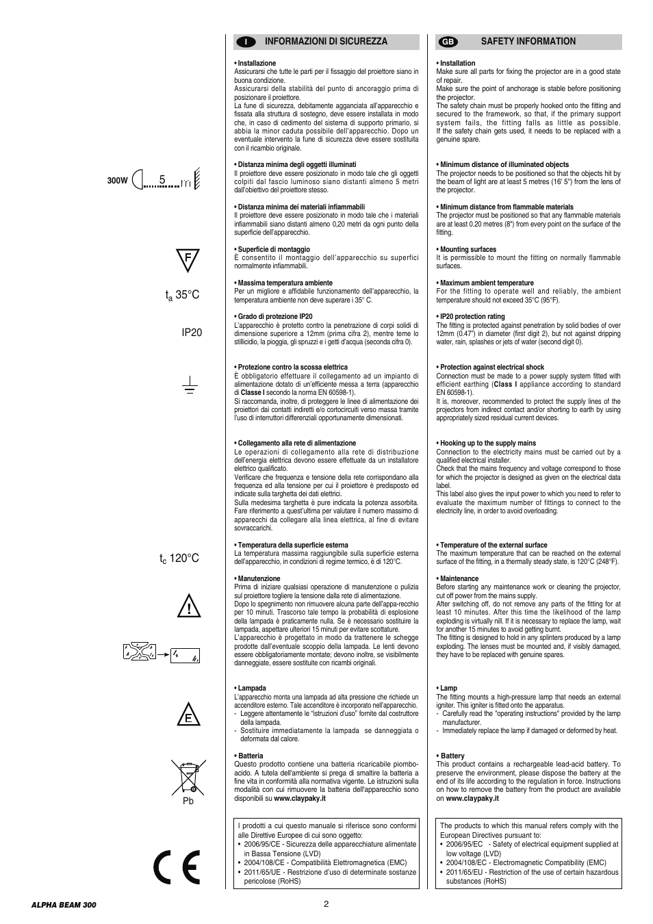 35°c t, 120°c, Ip20 | Clay Paky ALPHA BEAM 300 (C61093) User Manual | Page 2 / 40