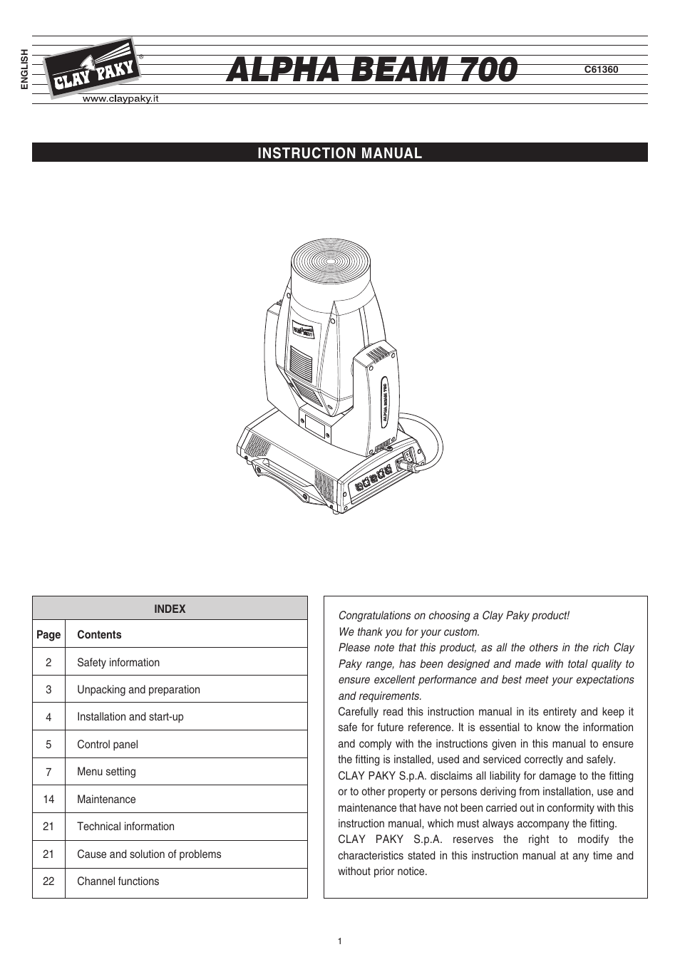 Clay Paky ALPHA BEAM 700 (C61360) User Manual | 28 pages