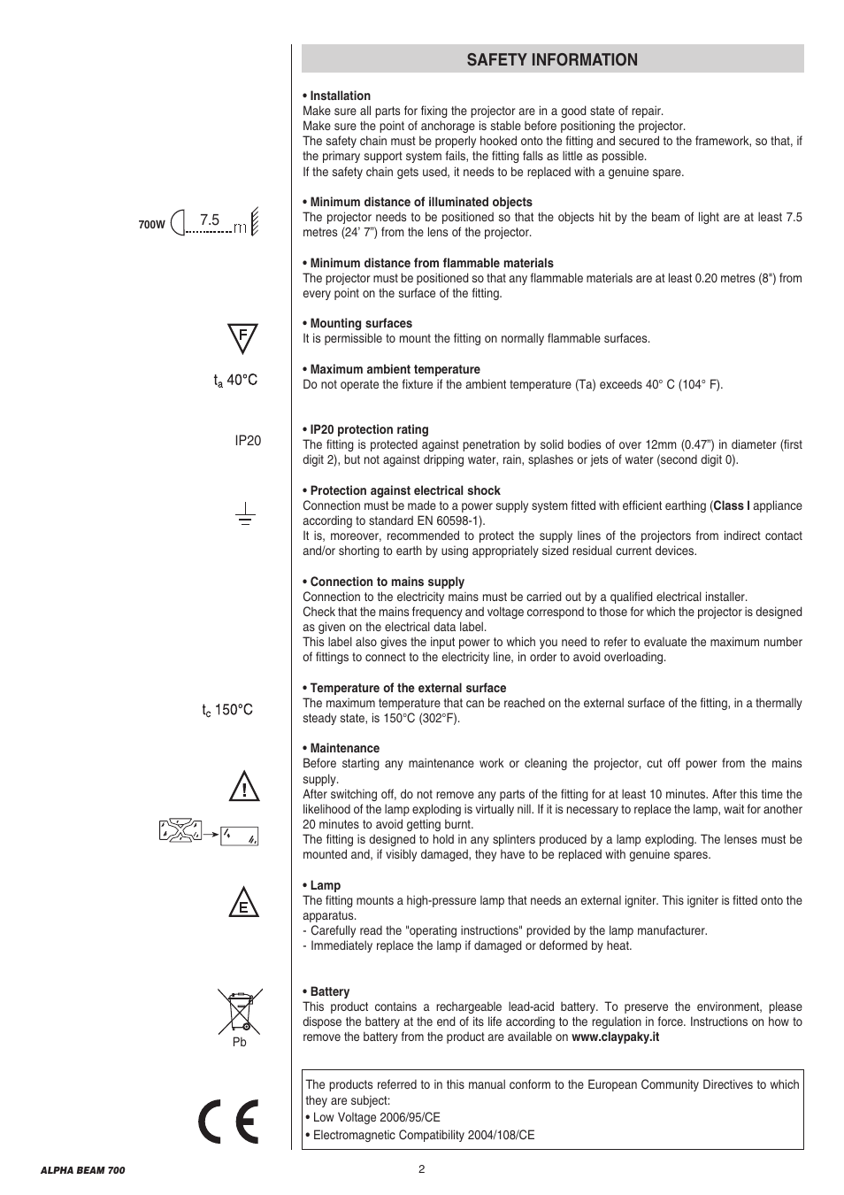 Safety information | Clay Paky ALPHA BEAM 700 (C61360) User Manual | Page 2 / 28