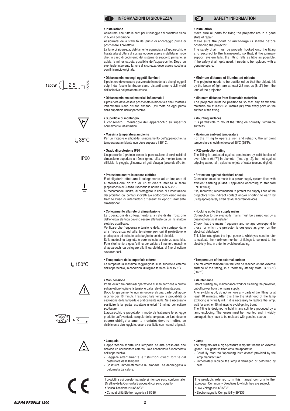 35 °c t, 150 °c, Ip20 | Clay Paky ALPHA PROFILE 1200 (C61090) User Manual | Page 2 / 48