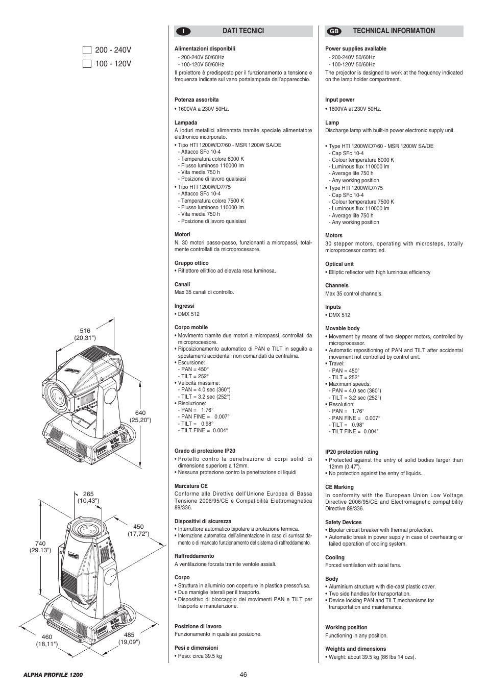 Clay Paky ALPHA PROFILE 1200 (C61090) User Manual | Page 46 / 48
