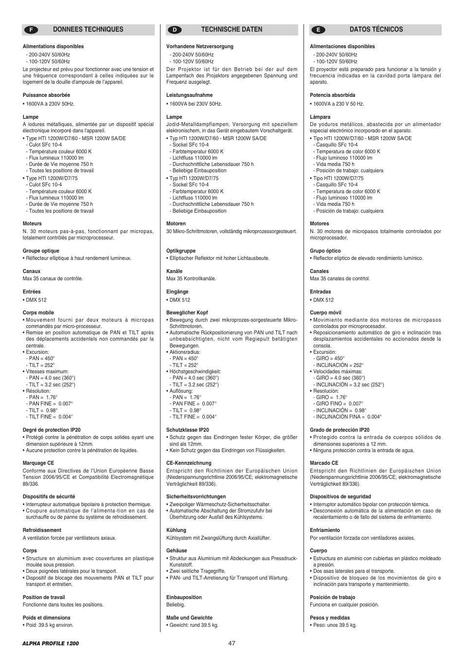 Clay Paky ALPHA PROFILE 1200 (C61090) User Manual | Page 47 / 48