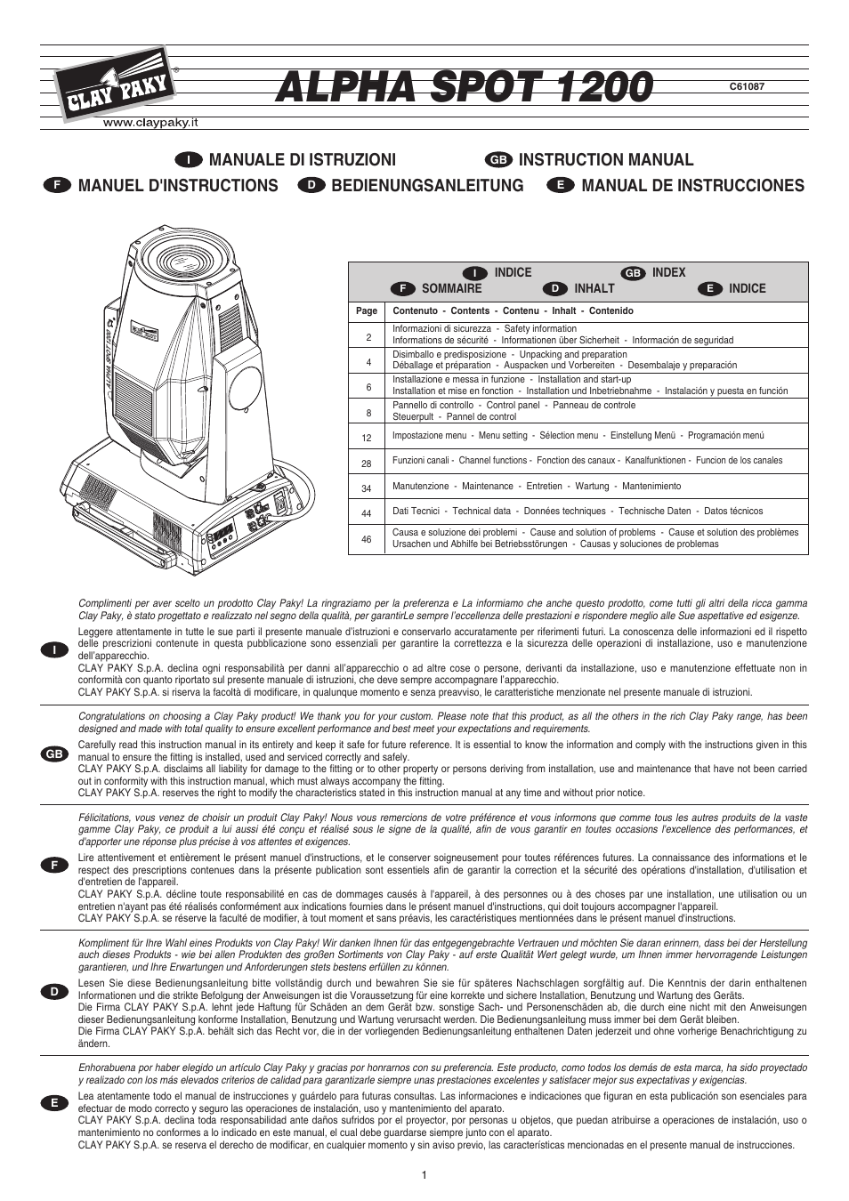 Clay Paky ALPHA SPOT 1200 (C61087) User Manual | 48 pages