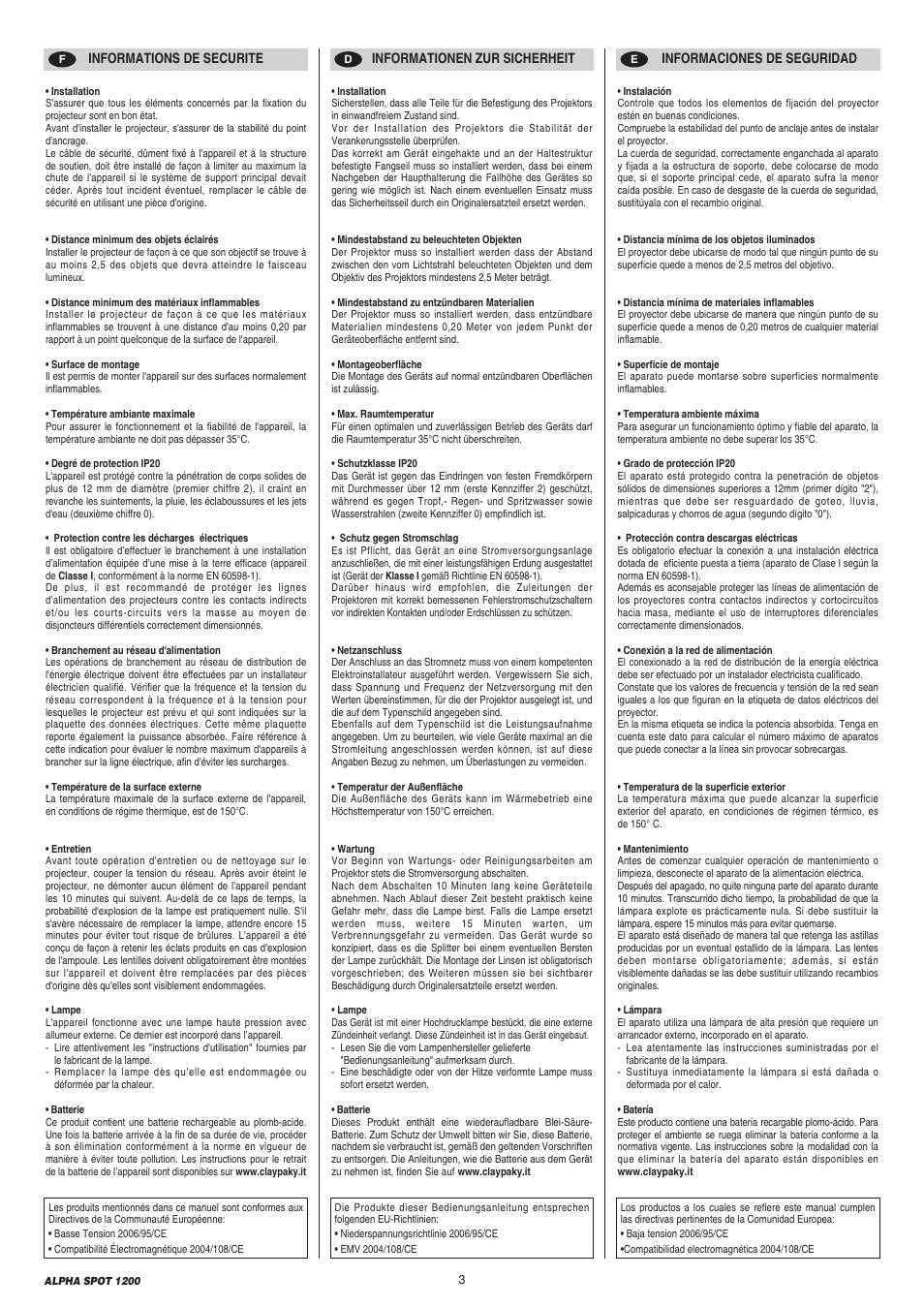 Clay Paky ALPHA SPOT 1200 (C61087) User Manual | Page 3 / 48
