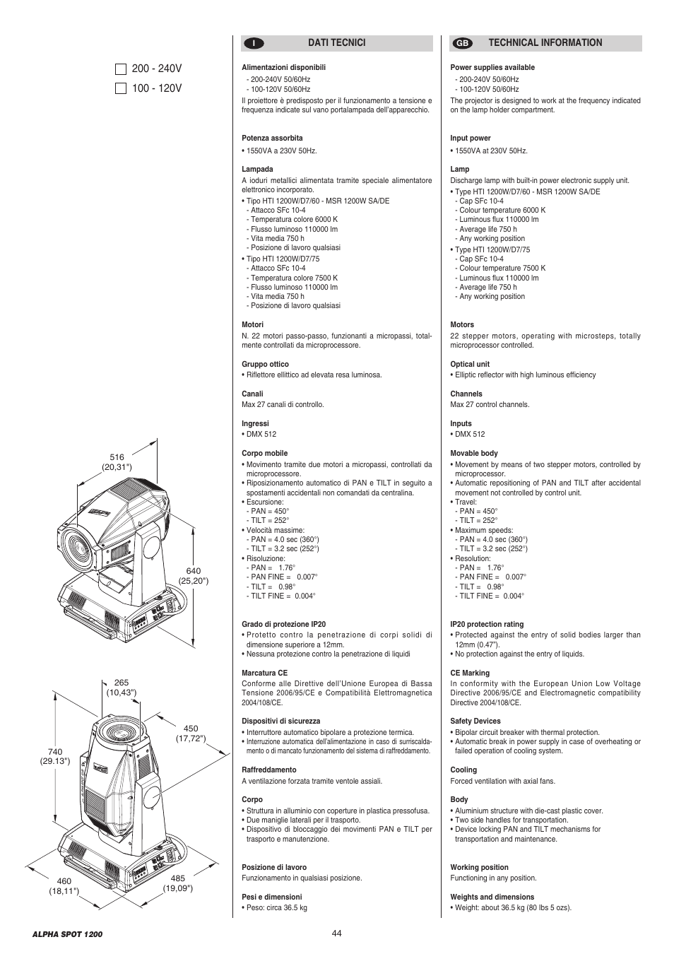 Dati tecnici technical information | Clay Paky ALPHA SPOT 1200 (C61087) User Manual | Page 44 / 48