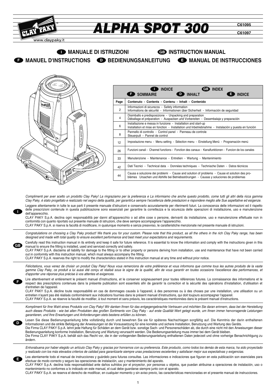 Clay Paky ALPHA SPOT 300 (C61097) User Manual | 44 pages