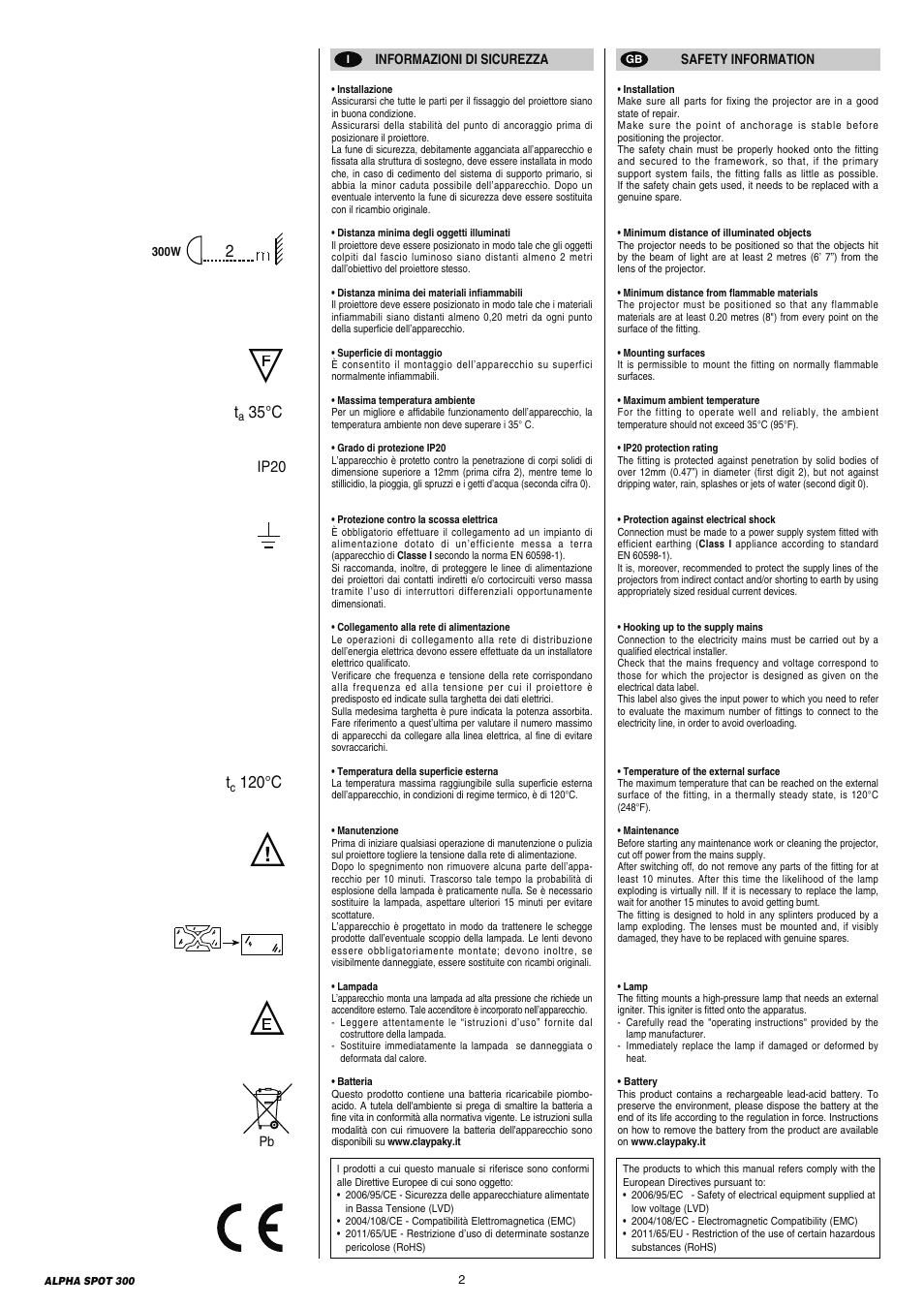 35°c t, 120°c, Ip20 | Clay Paky ALPHA SPOT 300 (C61097) User Manual | Page 2 / 44