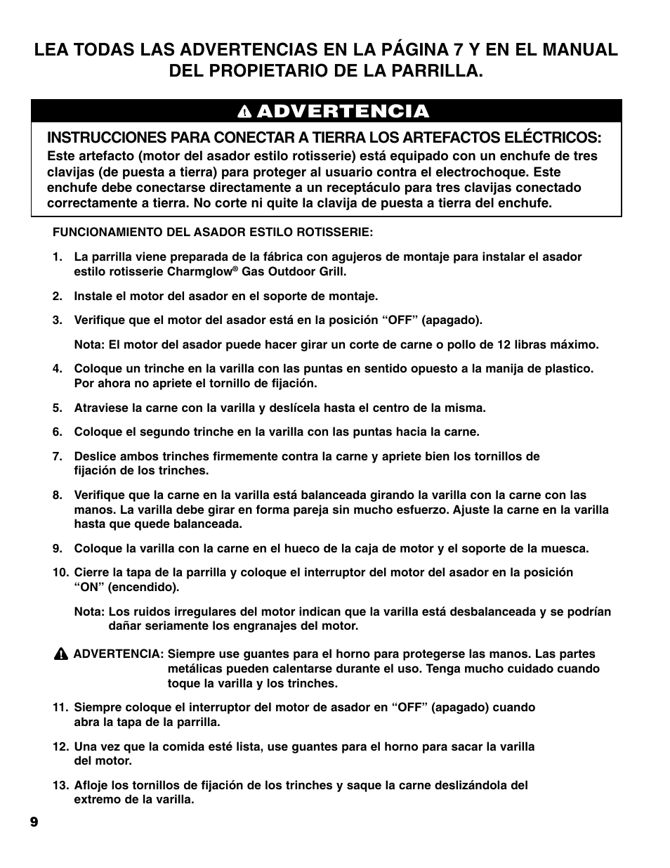 Advertencia | Brinkmann ROTISSERIE User Manual | Page 10 / 12