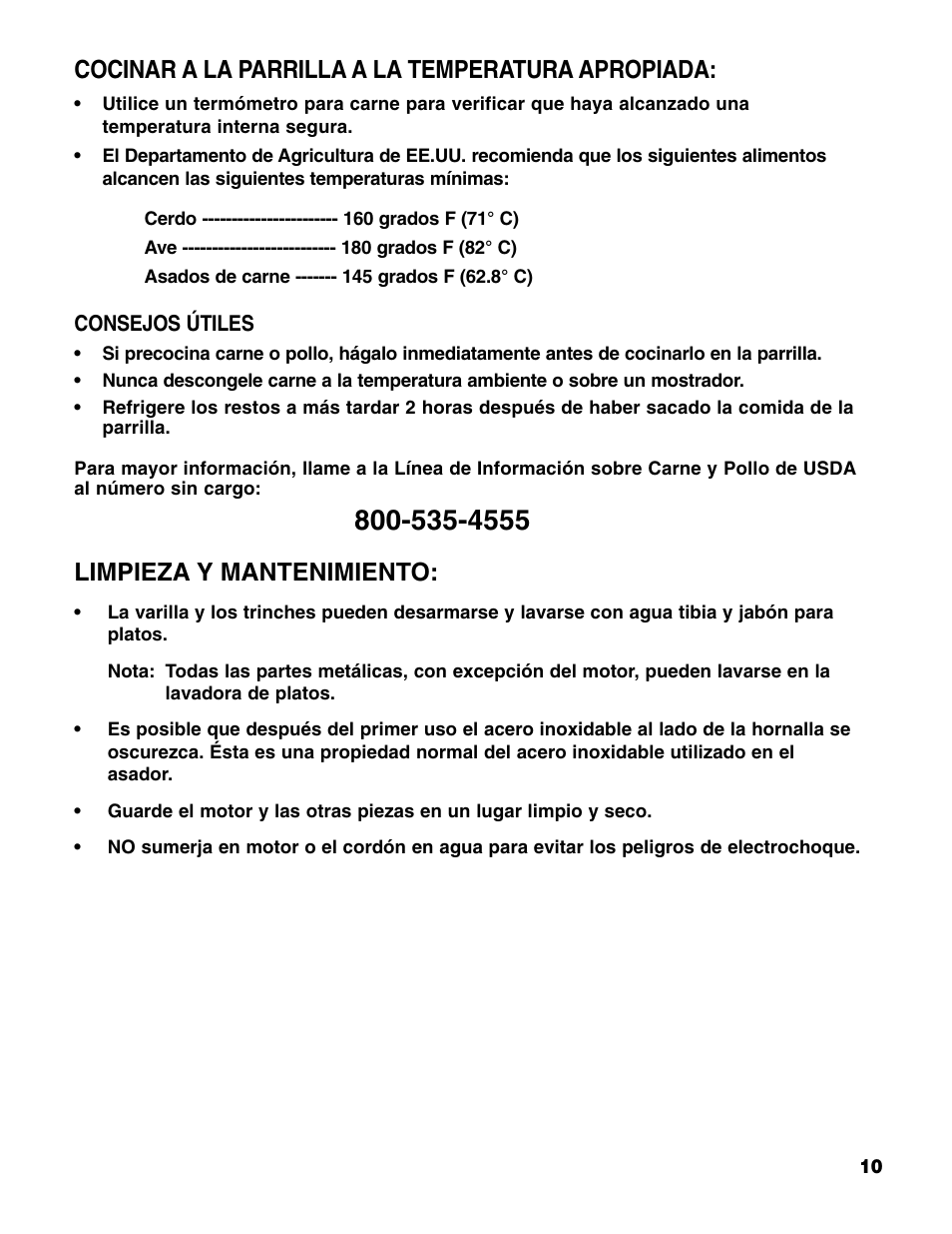Cocinar a la parrilla a la temperatura apropiada, Limpieza y mantenimiento | Brinkmann ROTISSERIE User Manual | Page 11 / 12