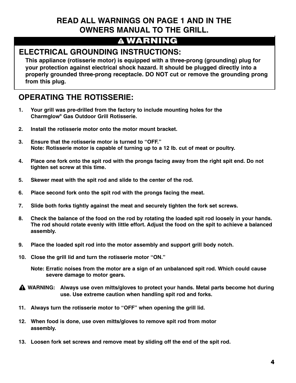 Warning, Electrical grounding instructions, Operating the rotisserie | Brinkmann ROTISSERIE User Manual | Page 5 / 12
