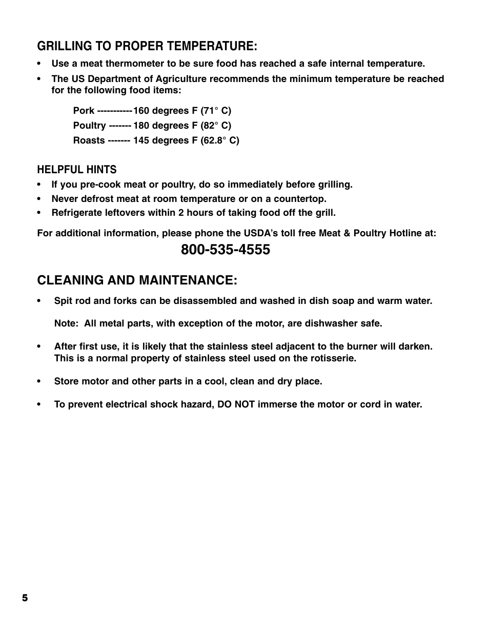 Grilling to proper temperature, Cleaning and maintenance | Brinkmann ROTISSERIE User Manual | Page 6 / 12