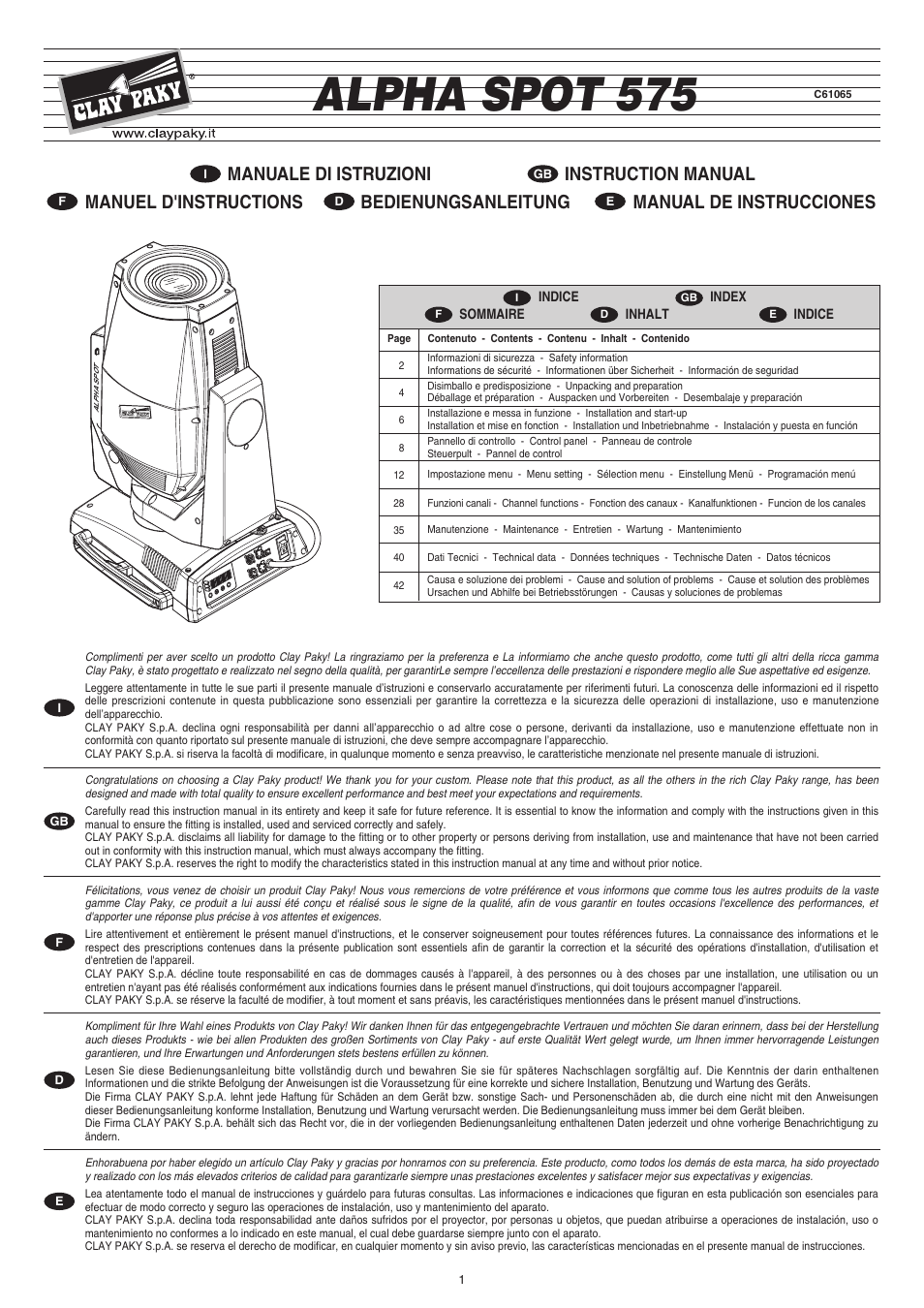 Clay Paky ALPHA SPOT 575 (C61065) User Manual | 44 pages