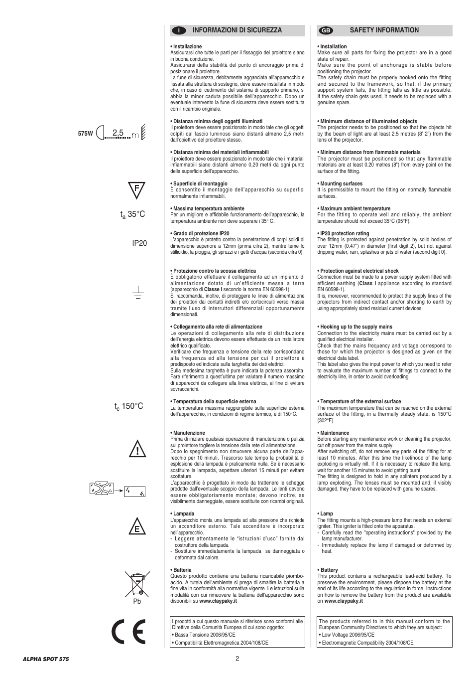 35°c t, 150°c, Ip20 | Clay Paky ALPHA SPOT 575 (C61065) User Manual | Page 2 / 44