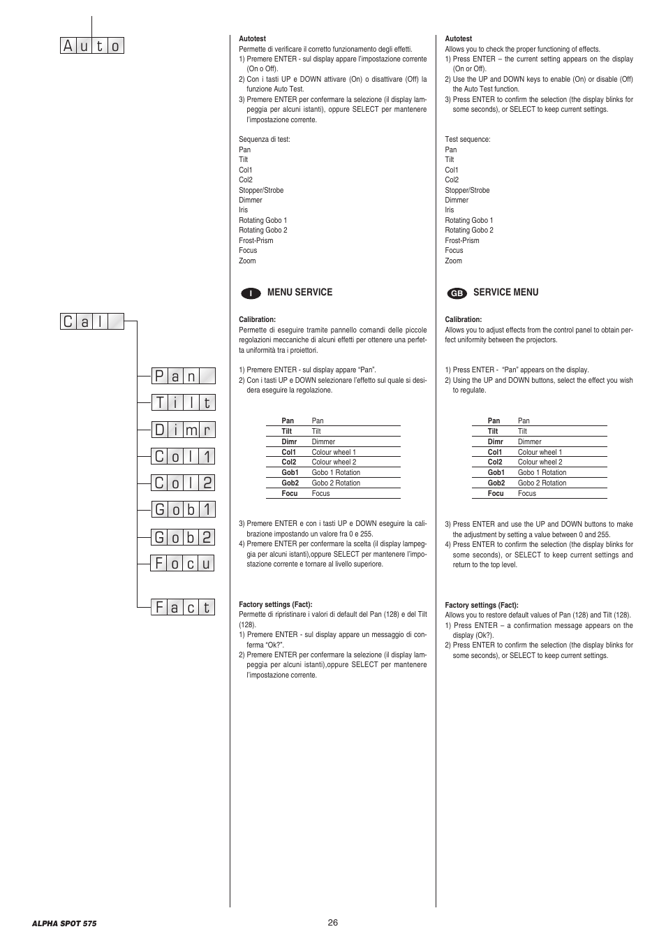 A u o t | Clay Paky ALPHA SPOT 575 (C61065) User Manual | Page 26 / 44