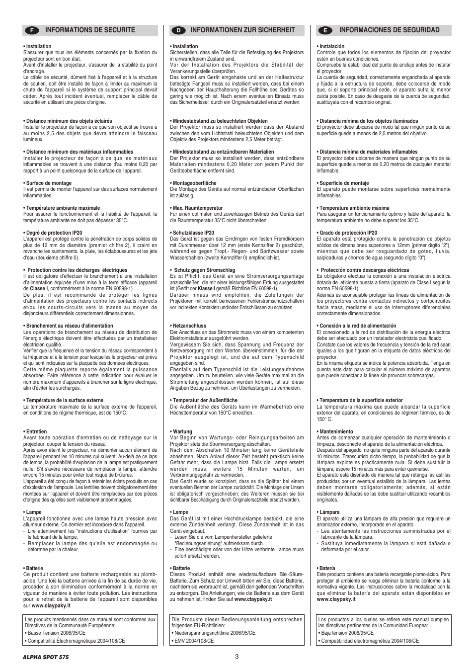 Clay Paky ALPHA SPOT 575 (C61065) User Manual | Page 3 / 44