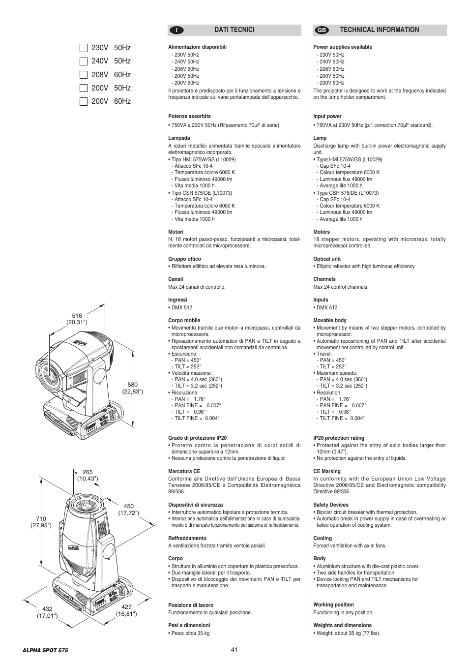 Clay Paky ALPHA SPOT 575 (C61065) User Manual | Page 41 / 44