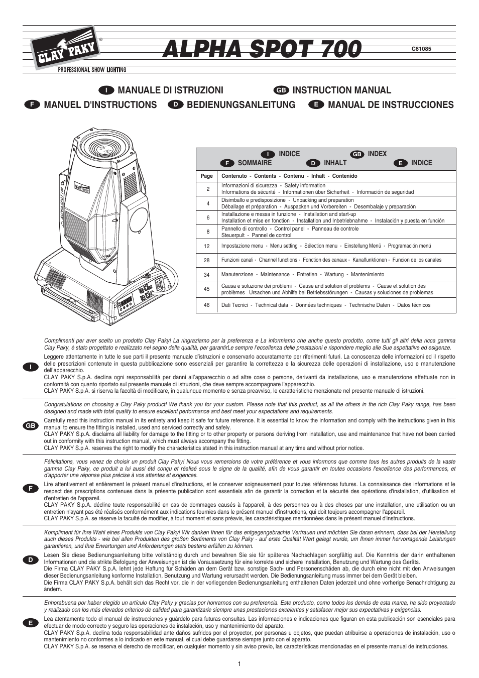 Clay Paky ALPHA SPOT 700 (C61085) User Manual | 48 pages