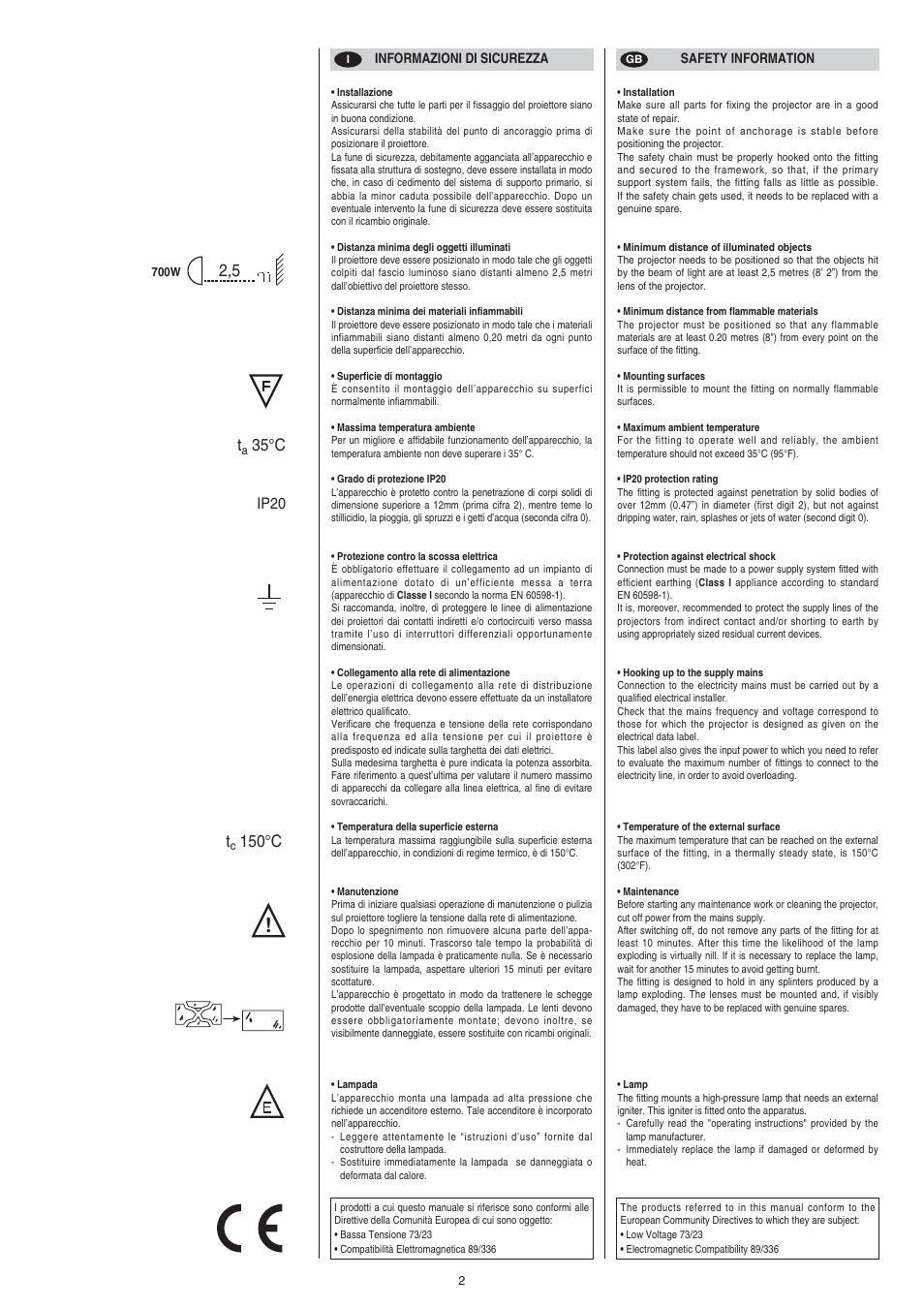 35°c t, 150°c, Ip20 | Clay Paky ALPHA SPOT 700 (C61085) User Manual | Page 2 / 48