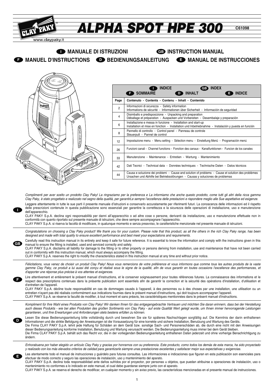 Clay Paky ALPHA SPOT HPE 300 (C61098) User Manual | 44 pages