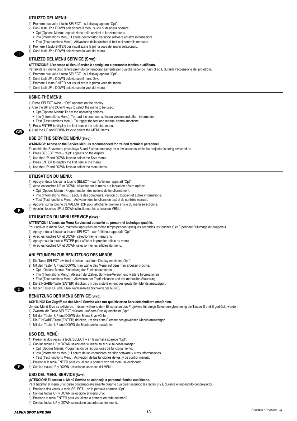 Clay Paky ALPHA SPOT HPE 300 (C61098) User Manual | Page 13 / 44