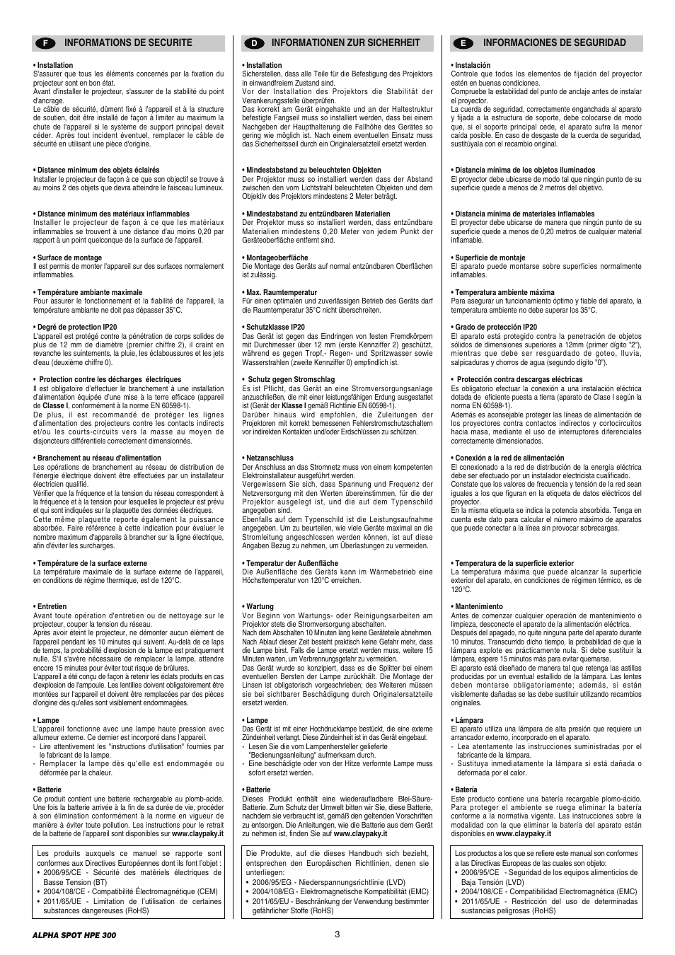 Clay Paky ALPHA SPOT HPE 300 (C61098) User Manual | Page 3 / 44