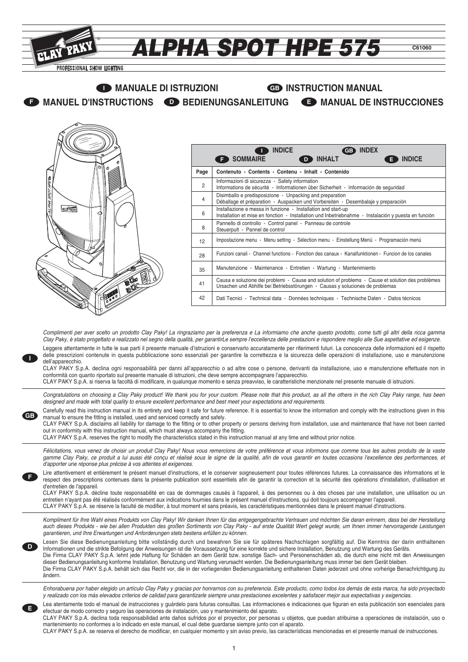 Clay Paky ALPHA SPOT HPE 575 (C61060) User Manual | 44 pages