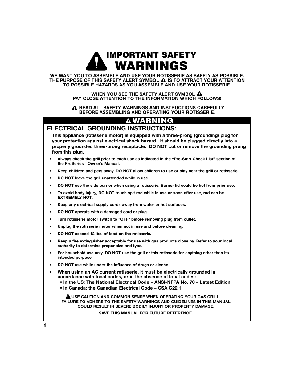 Warnings, Important safety, Warning | Electrical grounding instructions | Brinkmann Grill User Manual | Page 2 / 8